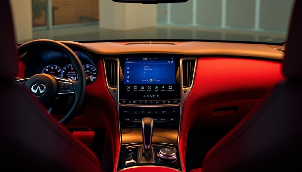 A sophisticated and detailed interior view of the Infiniti Q50 Red Sport's advanced infotainment system. The central screen is prominently displayed, showcasing a clean, modern user interface with intuitive controls. Warm, indirect lighting casts a soft glow across the high-quality materials and seamlessly integrated touchpoints. The dashboard and center console are captured at a slightly angled perspective, emphasizing the ergonomic layout and premium craftsmanship. The overall atmosphere conveys a sense of technological sophistication and refined luxury, befitting the Q50 Red Sport's position as a premier sports sedan.