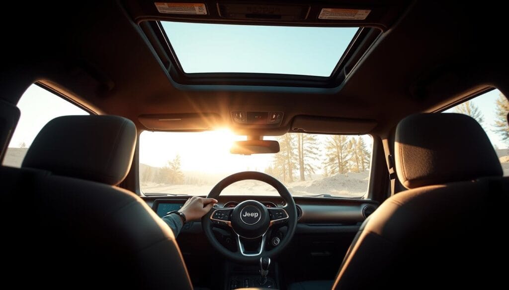 A spacious and luxurious Jeep Recon electric SUV interior, bathed in warm, natural lighting that filters through the panoramic glass roof. The dashboard features a massive, high-resolution touchscreen display showcasing the advanced infotainment and navigation systems. Knurled metal accents and leather-wrapped surfaces create a premium, rugged ambiance. In the foreground, the driver's hands rest on the thick, contoured steering wheel, ready to take on the off-road adventure. The middle ground reveals plush, supportive seats that offer ample legroom and storage compartments. Rugged all-terrain tires are visible through the expansive windows, hinting at the Recon's exceptional off-road capabilities.