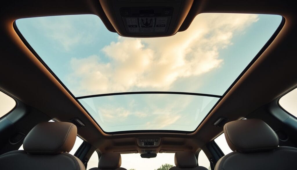 A spacious and luxurious Maserati Levante SUV cabin, showcasing a panoramic sunroof that floods the interior with warm, natural light. The cabin is elegantly designed, with premium leather upholstery, polished wood trim, and brushed metal accents. The panoramic glass roof stretches from the front windshield to the rear hatch, providing a seamless, immersive view of the sky above. Soft, diffused lighting filters through the glass, casting a serene, ambient glow throughout the cabin. The overall atmosphere is one of refined sophistication and relaxation, perfectly complementing the Levante's high-end performance and capabilities.