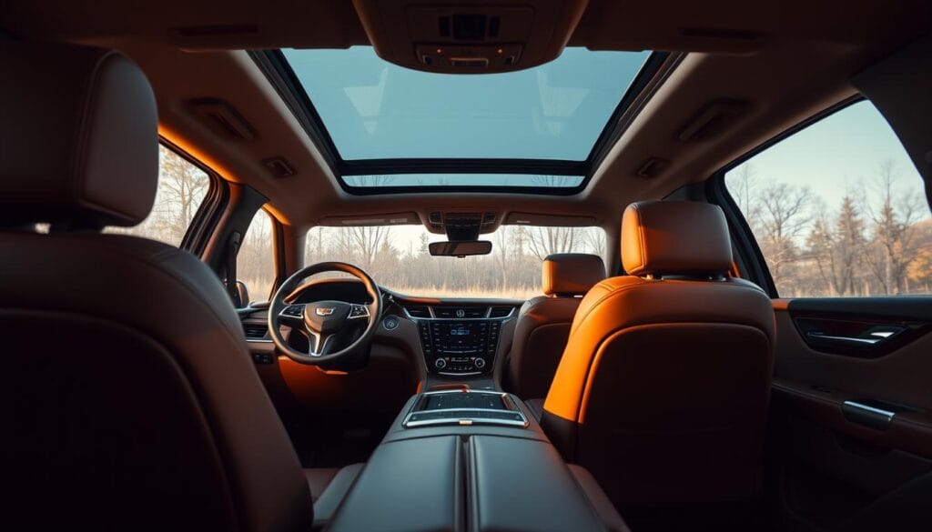A spacious and luxurious interior of a Cadillac Escalade V, bathed in warm, soft lighting. The camera focuses on the front cabin, capturing the elegant dashboard, with its sleek lines and high-quality materials. The leather-wrapped steering wheel, center console, and plush seats exude a sense of refined craftsmanship. The second-row seating is visible in the background, highlighting the generous legroom and ample storage space. The cabin is accentuated by subtle metallic accents and a panoramic sunroof, creating an atmosphere of sophisticated comfort and spaciousness.