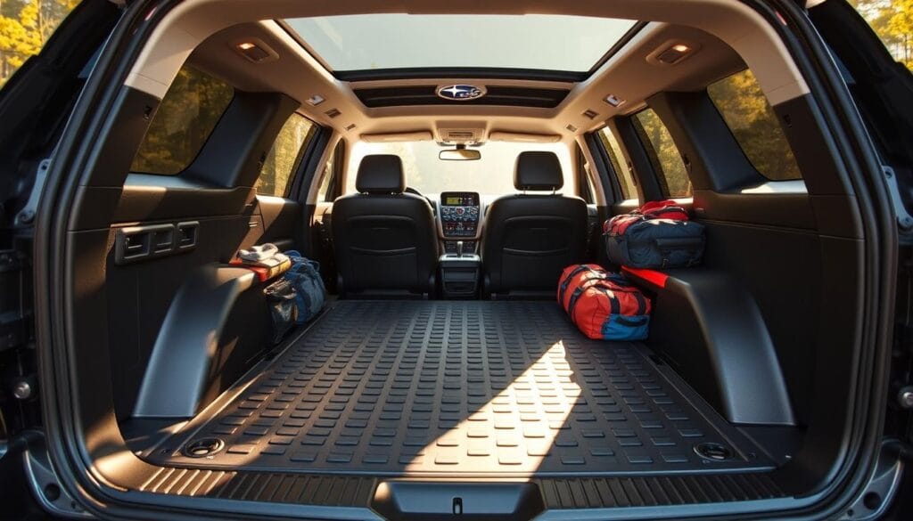A spacious and well-organized Subaru Forester Wilderness interior, bathed in warm, natural lighting. The cargo area is expansive, with ample room for outdoor gear, camping equipment, and more. Sleek, rubberized surfaces and durable materials line the floor and sidewalls, ready to withstand the rigors of adventure. The rear seats are folded flat, maximizing the cargo capacity and allowing for easy loading and unloading. The overall atmosphere is one of rugged, yet refined utility, perfectly suited for the active, outdoorsy lifestyle of the Forester Wilderness owner.