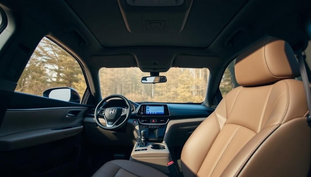 A spacious, well-lit interior of a Honda CR-V Hybrid SUV. In the foreground, a comfortable, leather-upholstered front seat, its ample legroom and headroom inviting the viewer to sink in. The middle ground showcases the elegant dashboard, with its intuitive controls and a large, high-resolution touchscreen display. Warm, ambient lighting casts a cozy glow throughout the cabin, highlighting the premium materials and meticulous attention to detail. In the background, the generous cargo area, ready to accommodate a variety of outdoor gear or family belongings, underscoring the practical versatility of this eco-friendly SUV.