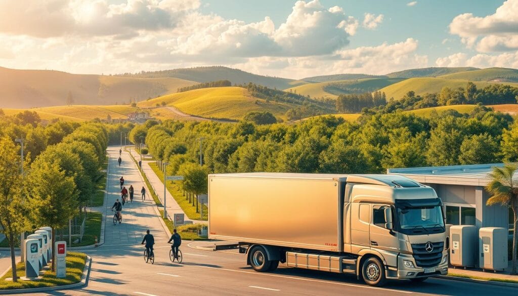 A sprawling sustainable transportation hub set against a lush, verdant backdrop. In the foreground, an impressive electric delivery truck, its sleek stainless steel body gleaming under warm, golden sunlight. Surrounding the truck, an array of charging stations and battery banks, signifying the eco-friendly infrastructure. In the middle ground, pedestrians and cyclists navigating through tree-lined pathways, enjoying the clean, emissions-free environment. The background features rolling hills, a azure sky, and fluffy white clouds, creating a serene, tranquil atmosphere. The scene exudes a sense of harmony between technology, nature, and environmental responsibility.