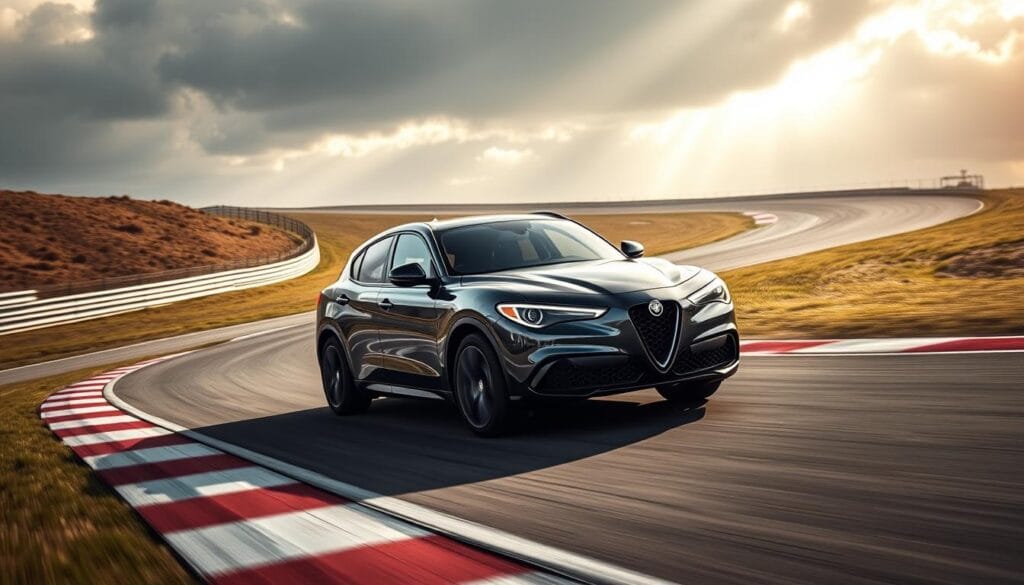A stunning Alfa Romeo Stelvio Quadrifoglio ripping through a winding racetrack, its powerful 2.9L V6 Bi-Turbo engine roaring with ferocity. The sleek, aerodynamic body glides effortlessly, hugging the curves as the driver pushes the limits of its performance. Shafts of light filter through the clouds, casting dramatic shadows that accentuate the Quadrifoglio's muscular stance and bold, aggressive styling. The high-performance brakes bite into the tarmac, sending up plumes of tire smoke as the Stelvio dances through the apexes, exhibiting the pinnacle of Italian engineering and track-focused design.
