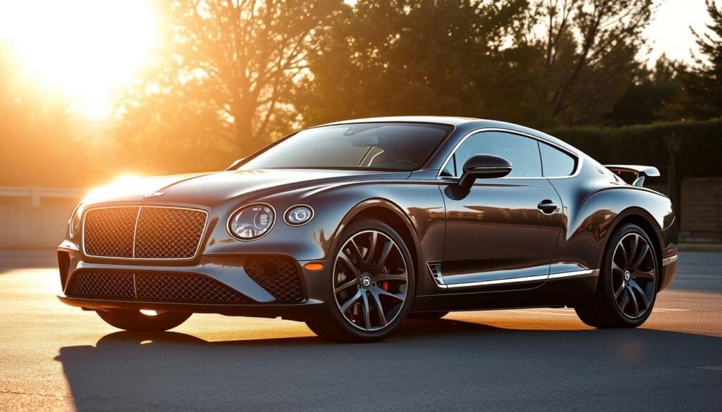 A stunning Bentley Continental GT Mulliner Coupe, gleaming in the afternoon light. The iconic Bentley grille dominates the front, flanked by sleek LED headlamps. The muscular body lines flow effortlessly into the distinctive Mulliner rear wing, accentuating the car's powerful presence. Bespoke 22-inch alloy wheels in a rich, dark finish complement the luxurious Mulliner exterior touches, such as the unique front bumper and discreet badging. The interior evokes an atmosphere of elegant sophistication, with hand-stitched leather upholstery, chrome accents, and a driver-focused cockpit. Backlighting creates a warm, inviting ambiance, while the panoramic sunroof floods the cabin with natural light. This Bentley Continental GT Mulliner is the embodiment of uncompromising British craftsmanship and personalization. Prompt