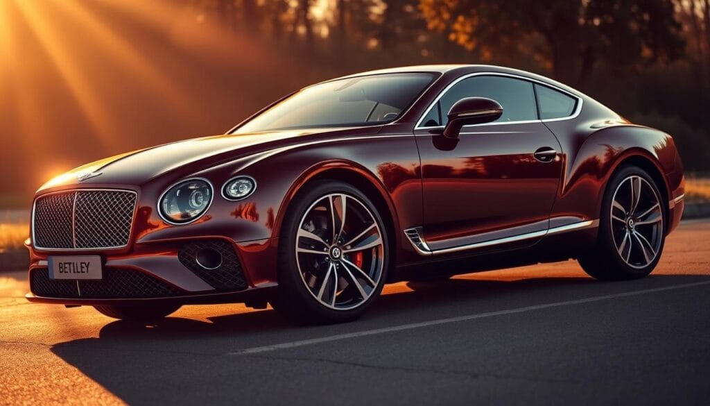 A stunning Bentley Continental GT coupe gleaming in the warm, golden afternoon light. The exterior design exudes an elegant, powerful presence, with sharp creases and muscular fenders that convey a sense of modern luxury. The sweeping roofline and distinctive grille create a bold, aerodynamic silhouette, while the sleek, chrome-accented side profile and large alloy wheels add an air of sophistication. The scene is captured from a low, dynamic angle, emphasizing the coupe's imposing stature and emotive, grand tourer styling. A sense of refined craftsmanship and attention to detail radiates from every meticulously crafted surface.