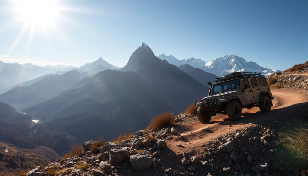 A sun-dappled mountain trail winds through a rugged, untamed landscape. In the foreground, a Lada 4x4 navigates the rocky terrain, its sturdy frame and knobby tires handling the challenge with ease. In the middle ground, towering peaks pierce the azure sky, their snow-capped summits reflecting the warm light. Distant valleys unravel, dotted with lush, verdant forests, hinting at the adventure that awaits. The scene exudes a sense of exploration and exhilaration, capturing the essence of the ultimate off-road destination for the legendary Lada 4x4.