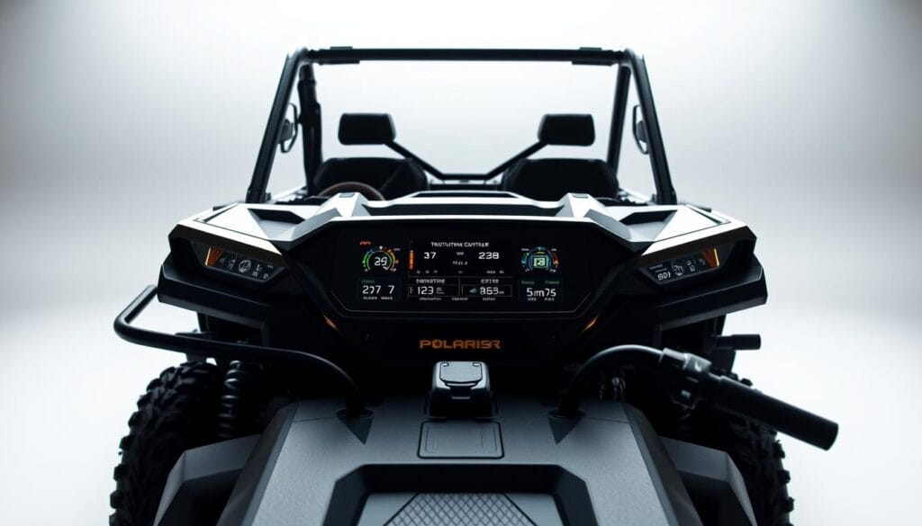 A technologically advanced Polaris Ranger utility vehicle, captured in a well-lit, high-resolution photograph. The foreground showcases the vehicle's sleek, modern exterior design, with dynamic angles and striking color accents. The middle ground highlights the advanced control panel, displaying a range of intuitive digital displays and cutting-edge features. In the background, a clean, minimalist setting emphasizes the Ranger's sophisticated engineering and commitment to innovative utility. The overall atmosphere conveys a sense of power, efficiency, and a seamless integration of technology within a rugged, dependable machine.