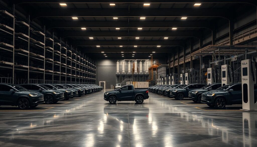 A vast, dimly lit warehouse with towering shelves of Tesla Cybertruck charging stations. The electric pickup trucks are parked in orderly rows, their angular silhouettes casting dramatic shadows across the polished concrete floor. Overhead, recessed lighting casts a warm, industrial glow, highlighting the clean lines and brushed metal finishes of the charging infrastructure. In the background, a bank of massive transformers hums softly, providing the necessary power to energize the charging stations. The scene conveys a sense of cutting-edge technology and sustainable mobility, setting the stage for the future of electric pickup trucks.