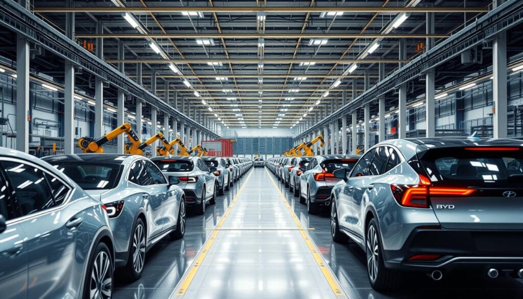 A vast, modern manufacturing facility of BYD Motors, the leading electric vehicle producer. In the foreground, a fleet of gleaming BYD Seagull electric cars roll off the assembly line, their sleek silhouettes reflecting the bright, natural lighting that floods the cavernous workspace. In the middle ground, robotic arms and high-tech machinery operate with precision, efficiently assembling the vehicles. The background reveals the scale of the operation, with row upon row of partially assembled cars and towering racks of components. The overall atmosphere conveys a sense of technological prowess, environmental responsibility, and a relentless pursuit of innovative, sustainable transportation solutions.