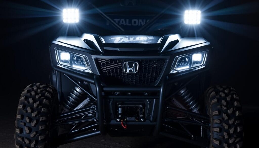 A visually striking Honda Talon utility vehicle, its front and side lighting arrays illuminating the night. The high-intensity LED headlights and auxiliary lamps cast a powerful beam across the rugged terrain, while subtle ambient lights along the sides and rocker panels add a touch of stylish flair. The Talon's aggressive stance and angular design are accentuated by the strategic lighting placement, creating an athletic and capable aesthetic. Capture the vehicle in a dramatic, moody lighting setup, with a sense of power and adventure. Emphasize the technical precision of the lighting modifications, showcasing their functional and aesthetic enhancements.