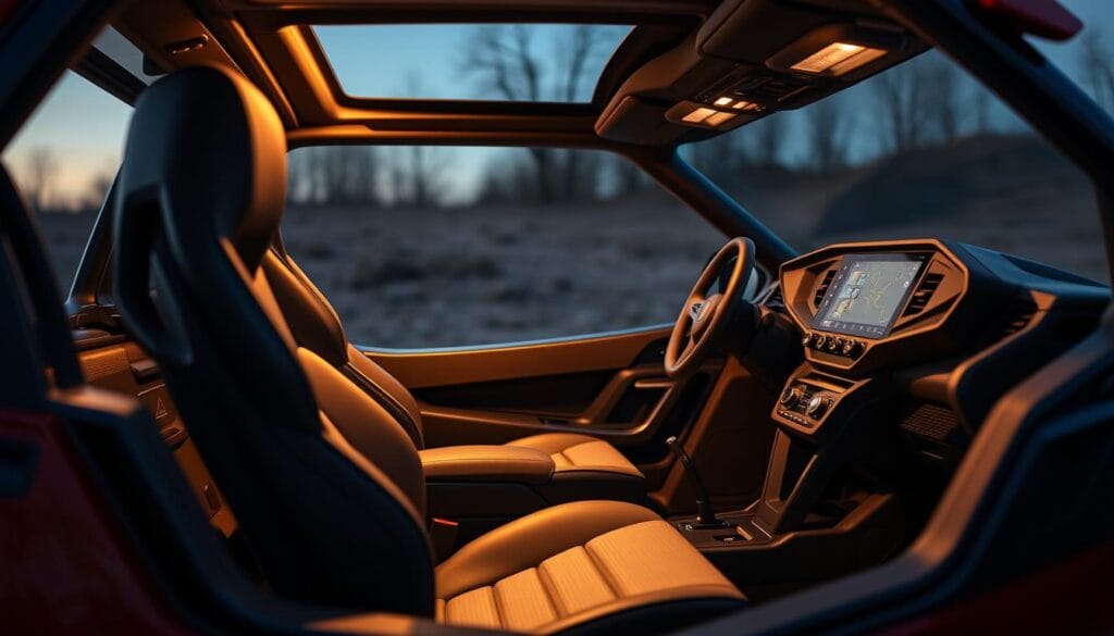 A well-appointed interior of the Honda Talon 1000X, showcasing its exceptional comfort and convenience features. The cockpit is bathed in warm, soft lighting, accentuating the high-quality materials and premium upholstery. Ergonomic seats provide ample support and adjustability, ensuring a comfortable ride even during the most challenging off-road adventures. The dashboard is intuitively laid out, with intuitive controls and a large, high-resolution display for easy navigation. Subtle ambient lighting and thoughtful storage solutions create a refined, user-friendly environment, perfectly suited for long days exploring the great outdoors.