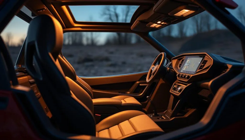 A well-appointed interior of the Honda Talon 1000X, showcasing its exceptional comfort and convenience features. The cockpit is bathed in warm, soft lighting, accentuating the high-quality materials and premium upholstery. Ergonomic seats provide ample support and adjustability, ensuring a comfortable ride even during the most challenging off-road adventures. The dashboard is intuitively laid out, with intuitive controls and a large, high-resolution display for easy navigation. Subtle ambient lighting and thoughtful storage solutions create a refined, user-friendly environment, perfectly suited for long days exploring the great outdoors.