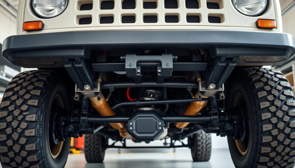 A well-lit, detailed close-up of a Lada Niva 4x4 vehicle, showcasing its rugged, utilitarian design. The foreground features the Niva's distinctive front grille, headlights, and iconic boxy silhouette, conveying a sense of durability and functionality. The middle ground highlights the vehicle's underbody, revealing its sturdy suspension components and crucial maintenance points, such as the oil filter and drain plug. The background subtly suggests a garage or workshop setting, with a clean, organized layout that emphasizes the Niva's maintenance and parts accessibility. The overall tone is one of pragmatism and practicality, reflecting the vehicle's reputation for reliability and ease of repair.