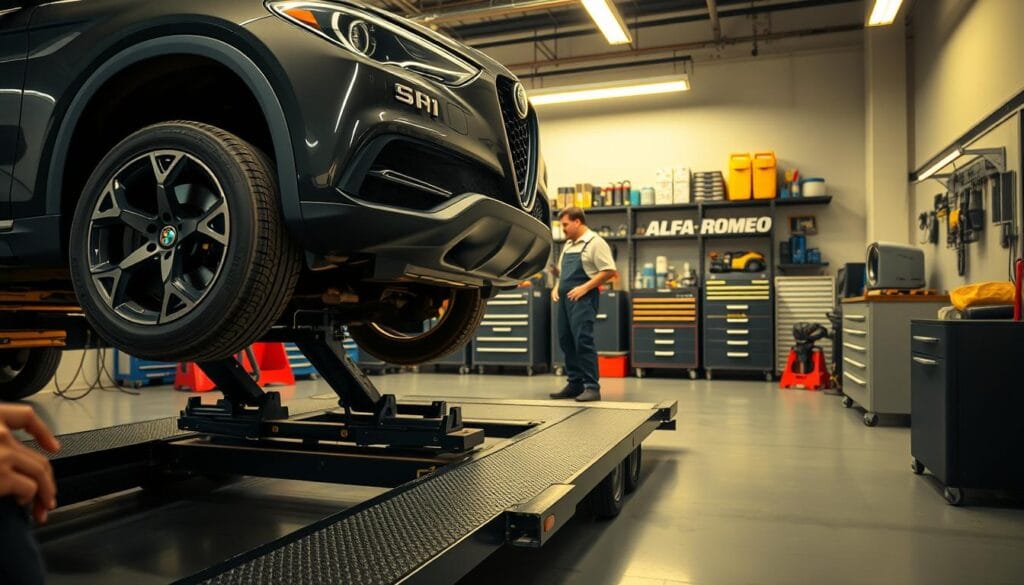 A well-lit garage interior, with an Alfa Romeo Stelvio Quadrifoglio SUV in the foreground, its front tires lifted onto a sturdy towing dolly. In the middle ground, a mechanic in overalls examines the undercarriage, checking for any issues that could impact safe towing. The background features orderly rows of tools, diagnostic equipment, and shelves stocked with Alfa Romeo-branded maintenance supplies. Soft, warm lighting casts a professional, hardworking atmosphere, conveying the importance of proper towing preparation and vehicle care.