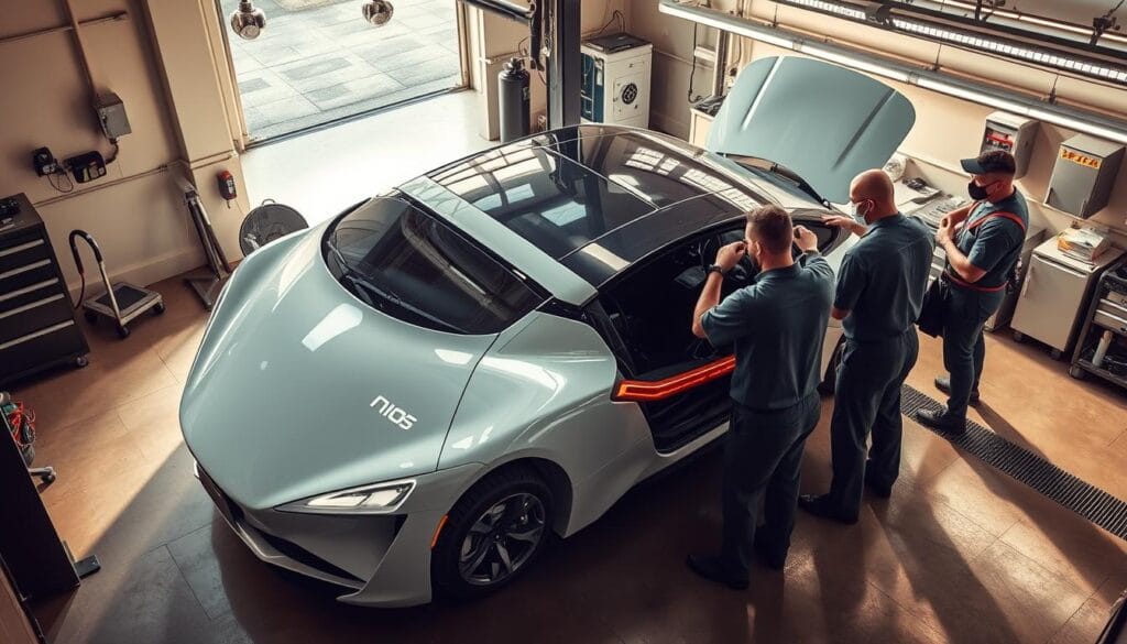 A well-lit, high-angle view of a NIO ET5 electric vehicle undergoing routine maintenance in a modern automotive repair shop. The sleek, aerodynamic bodywork of the ET5 is visible, with technicians in uniform performing a thorough inspection, checking battery levels, and replacing consumable parts. The workshop is outfitted with specialized tools and equipment, conveying the attention to detail and expertise required for EV servicing. Soft shadows and warm lighting create a professional, technical atmosphere, emphasizing the importance of proper maintenance for this advanced electric sedan.