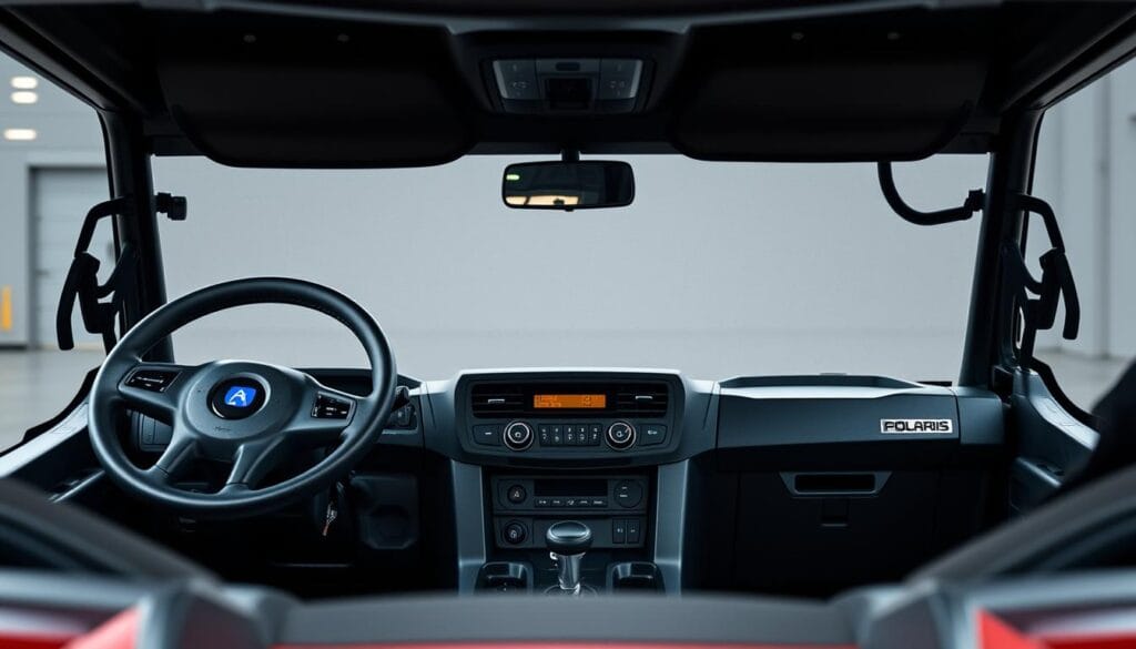 A well-lit, high-quality close-up shot of the interior of a Polaris Ranger utility vehicle, showcasing its comfort and climate control features. The camera is positioned at eye level, capturing the dashboard, steering wheel, and center console in sharp detail. The lighting is soft and diffused, highlighting the ergonomic design and premium materials used throughout the cabin. The air vents, digital display, and climate controls are clearly visible, conveying the advanced climate regulation capabilities of the Ranger. The overall atmosphere is one of refined practicality, inviting the viewer to imagine themselves comfortably operating the vehicle in a variety of work environments.
