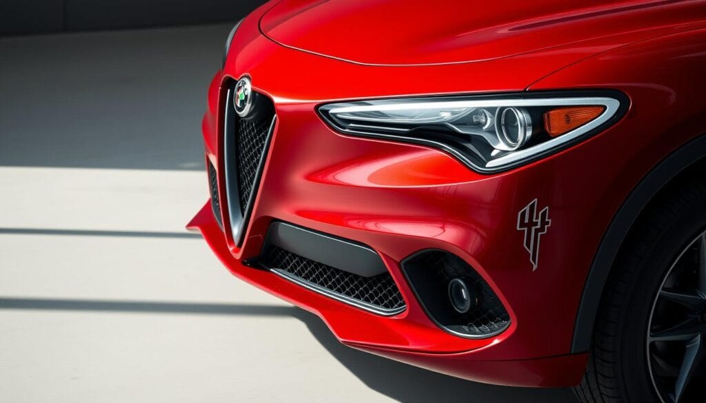 A well-lit, high-resolution close-up image of the glossy, crimson-red Alfa Romeo Stelvio Quadrifoglio, showcasing its bold, aggressive front end with the iconic Alfa Romeo shield grille and quad exhaust tips. The image should capture the vehicle's premium, performance-oriented design details, such as the sculpted air intakes, carbon fiber accents, and Quadrifoglio badging. The background should be a clean, neutral environment that allows the car to be the focal point, emphasizing the available incentives and dealer discounts that potential buyers can take advantage of.
