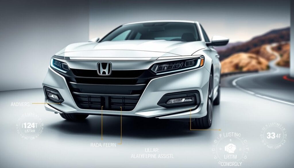A well-lit, high-resolution image of a Honda Accord Sport showcasing its advanced safety technology. The vehicle is positioned in a sleek, modern environment, with a clean, minimalist backdrop. The foreground features the Accord's front end, prominently displaying its advanced sensor array, including radar, camera, and lidar systems. The middle ground showcases the vehicle's intelligent driver assistance features, such as adaptive cruise control, lane-keeping assist, and collision avoidance systems. The background subtly hints at the car's performance capabilities, with a blurred cityscape or winding road in the distance, conveying a sense of dynamic driving experience.
