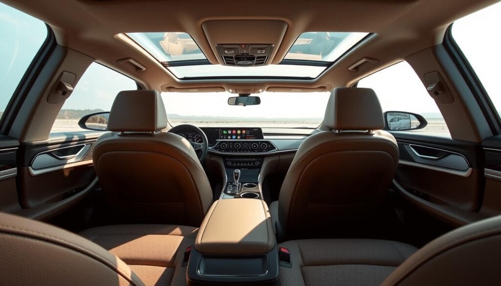 A well-lit, high-resolution interior view of the BYD Seagull's cabin, capturing its sleek and modern design. The spacious front seats feature plush, supportive upholstery in a luxurious leather or fabric finish. The dashboard showcases a large, high-definition touchscreen infotainment system flanked by intuitive controls. The center console houses wireless charging pads, USB ports, and climate control buttons. The panoramic sunroof allows ample natural light to pour in, creating a bright and airy ambiance. The rear seats boast ample legroom and headroom, with fold-down armrests and cup holders for enhanced passenger comfort. The overall atmosphere evokes a sense of sophistication and technological sophistication.