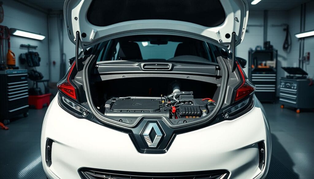 A well-lit, high-resolution photograph of a Renault Zoe electric vehicle, its hood open to reveal the battery pack. The battery compartment is the focal point, showcasing the modular design and key components that require maintenance. The background is a clean, modern garage setting with tools and equipment nearby, conveying a sense of technical precision. The lighting is bright and directional, casting long shadows and highlighting the intricate details of the battery pack. The overall mood is one of informative clarity, inspiring confidence in the viewer's ability to properly maintain their Renault Zoe's battery for maximum longevity.