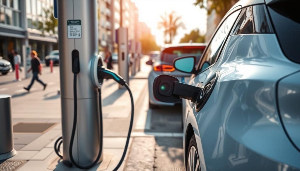 A well-lit, high-resolution photograph of a Renault Zoe electric vehicle parked at a public charging station. The station features sleek, modern design with multiple charging ports and clear signage. In the foreground, the Zoe's charging port is connected to the station, indicating an active charging session. The background showcases a clean, urban environment with pedestrians and other electric vehicles in the vicinity, highlighting the widespread adoption of EV charging infrastructure. The image conveys a sense of convenience, sustainability, and the seamless integration of the Renault Zoe into the modern, eco-friendly transportation landscape.