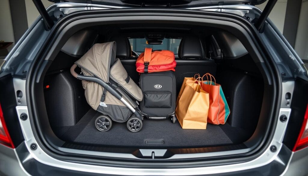 A well-lit, high-resolution photograph of the interior cargo space of a Kia Stinger GT2 sedan, captured from a low angle. The spacious trunk is filled with an assortment of practical items, including a compact stroller, a small suitcase, and a few shopping bags, showcasing the Stinger's impressive cargo capacity. The background is slightly blurred, drawing the viewer's focus to the organized and well-thought-out storage solutions within the vehicle. The lighting is natural and flattering, highlighting the Stinger's premium materials and elegant design. The overall mood is one of functionality and versatility, reflecting the practical nature of the Stinger's cargo space.