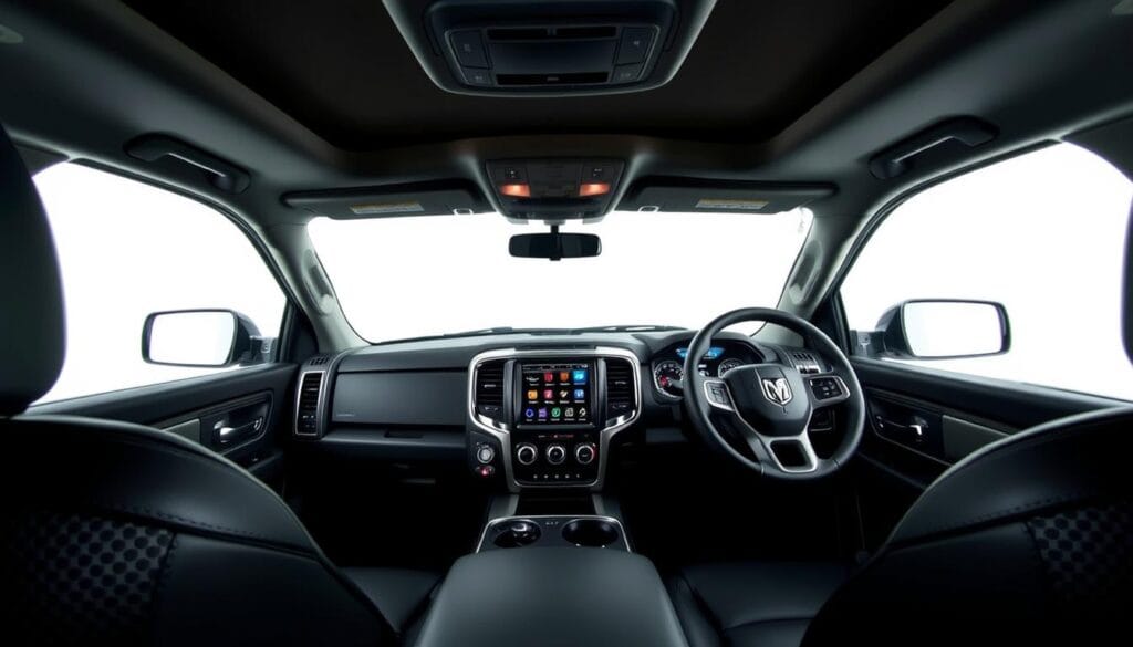 A well-lit interior of a RAM Power Wagon, showcasing its advanced technological features. The dashboard is prominently displayed, featuring a large, high-resolution digital display surrounded by sleek, modern controls. The center console houses a touchscreen infotainment system, seamlessly integrated with the vehicle's advanced connectivity and entertainment options. The steering wheel features integrated buttons and controls, allowing the driver to easily access various functions without taking their eyes off the road. The comfortable, leather-upholstered seats provide a luxurious and supportive driving experience, complemented by the vehicle's high-end cabin materials and attention to detail.