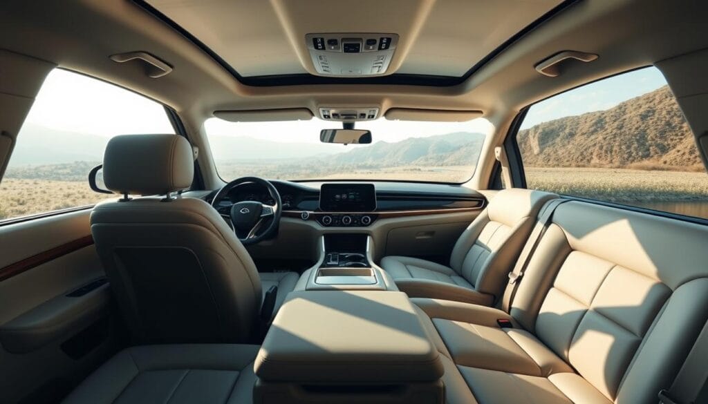 A well-lit interior shot of the BYD Seagull's cabin showcasing its expansive and comfortable passenger space. The spacious front seats with premium leather upholstery are positioned in a clean, modern dashboard layout. The wide panoramic windshield provides an expansive forward view, while the large side windows flood the cabin with natural light. Subtle ambient lighting accentuates the elegant wood and metal trim details. The rear bench seat offers ample leg and headroom for adult passengers. The overall ambiance is one of premium quality, ergonomic design, and refined luxury.