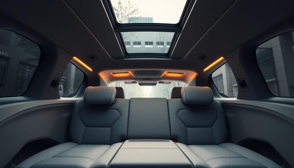 A well-lit interior shot of the rear passenger area in a BYD Seagull electric vehicle. The plush, contoured seats are upholstered in a soft, grey fabric that exudes a sense of modern comfort and refinement. The backrests gently recline, offering ample legroom and headspace for adult passengers. Subtle ambient lighting casts a warm, inviting glow, while the panoramic glass roof allows natural light to flood the cabin, creating an airy, spacious atmosphere. The clean, minimalist design language is highlighted by the smooth, matte-finish surfaces and the integration of discreet storage compartments. The overall impression is one of a premium, high-quality interior tailored for the needs of urban commuters.