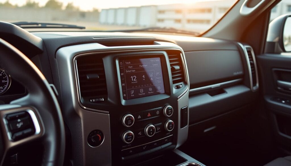 A well-lit interior view of a RAM Power Wagon's climate control panel, showcasing its sleek and intuitive design. The dashboard is meticulously detailed, with chrome-trimmed knobs and buttons arranged in a symmetrical layout. A central touchscreen display dominates the center console, providing seamless control over temperature, fan speed, and air distribution. Soft-touch materials and subtle ambient lighting create a premium, contemporary atmosphere. The steering wheel and adjacent controls are visible in the foreground, while the rugged, off-road-ready exterior is subtly hinted at through the window in the background.