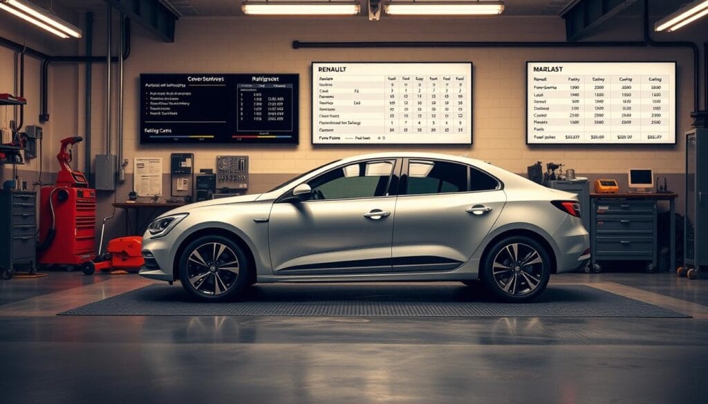 A well-lit maintenance garage, a Renault Arkana sedan parked in the center, with tools and equipment neatly arranged around it. The car's surfaces gleam with a fresh coat of wax, highlighting its sleek, modern design. In the background, a wall-mounted display shows a comprehensive maintenance schedule and cost breakdown, providing a detailed overview of the vehicle's upkeep requirements. The lighting is warm and inviting, creating a professional and informative atmosphere, perfect for showcasing the Arkana's maintenance and running costs.