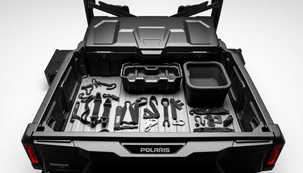A well-lit studio shot of Polaris Ranger storage accessories, including a rugged cargo box, a versatile truck bed organizer, and various sturdy tie-down hooks and attachment points. The accessories are arranged neatly on a clean white background, showcasing their sleek design and durable construction. Subtle shadows and reflections add depth and realism to the scene. The lighting is soft and even, highlighting the accessories' high-quality materials and attention to detail. The overall mood is one of functionality, organization, and rugged reliability - perfectly suited for the Polaris Ranger and its adventurous outdoor lifestyle.