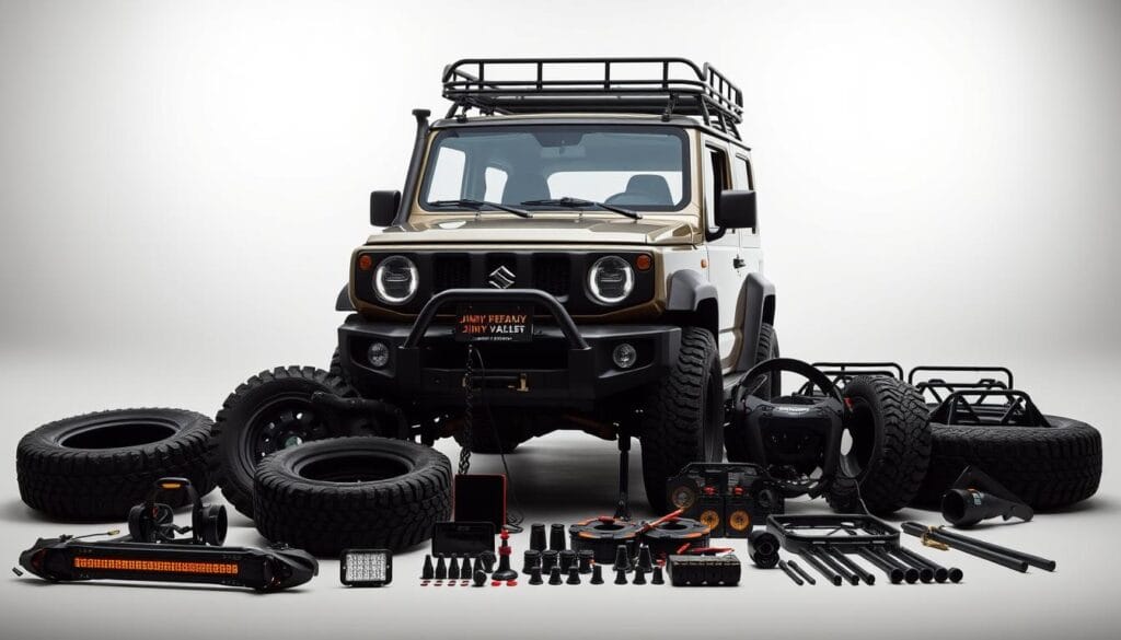 A well-lit studio shot showcasing an array of customization accessories for the iconic Suzuki Jimny. In the foreground, various rugged aftermarket parts are meticulously arranged, including a heavy-duty bumper, off-road tires, LED lighting, and a roof-mounted cargo rack. The middle ground features the Jimny itself, elegantly placed against a neutral backdrop to highlight the accessories. Lighting is crisp and directional, casting dramatic shadows that accentuate the robust, adventure-ready nature of the Jimny and its personalization options. The overall mood is one of excitement and anticipation, inviting the viewer to envision the perfect Jimny for their urban off-road needs.