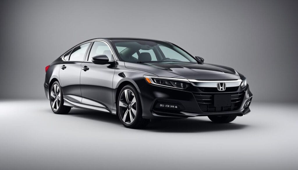 A well-maintained Honda Accord Sport model in a sleek black finish, shot in a professional studio setting with soft, directional lighting from the left side. The car is positioned in a 3/4 front view, highlighting its sporty design elements such as the angular front grille, sloping roofline, and stylish alloy wheels. The background is a simple, neutral gray that allows the car to be the focal point. The scene conveys a sense of reliability, quality, and understated elegance that the Accord is renowned for.