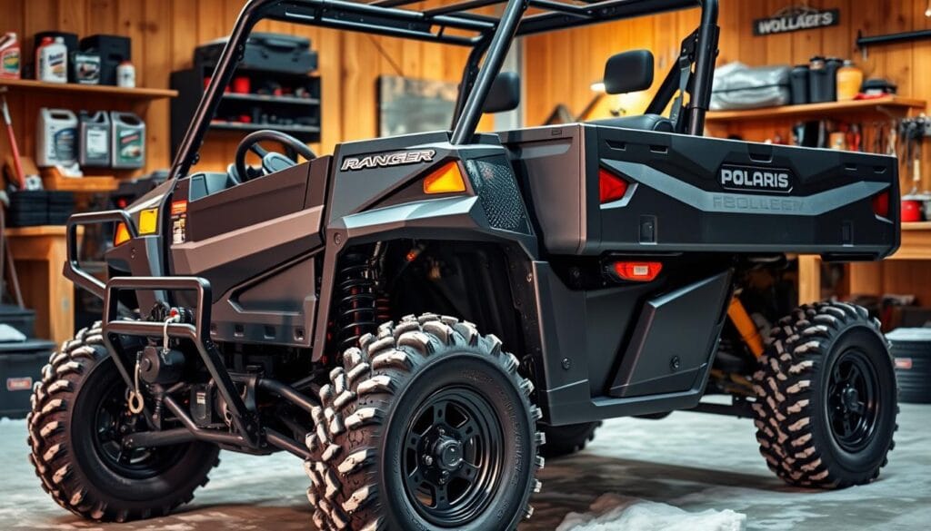 A well-maintained Polaris Ranger utility vehicle, parked in a cozy, rustic winter workshop. The foreground showcases the Ranger's sturdy frame, wheels, and accessories, such as a winch and storage racks. The midground features various seasonal maintenance tools - oil cans, filters, wrenches, and cleaning supplies. The background depicts a wood-paneled wall, a workbench, and a warm, soft lighting setup, creating an inviting atmosphere for the seasonal prep work. The overall scene conveys a sense of diligence, preparedness, and a appreciation for the Ranger's reliable performance, even in the harshest winter conditions.