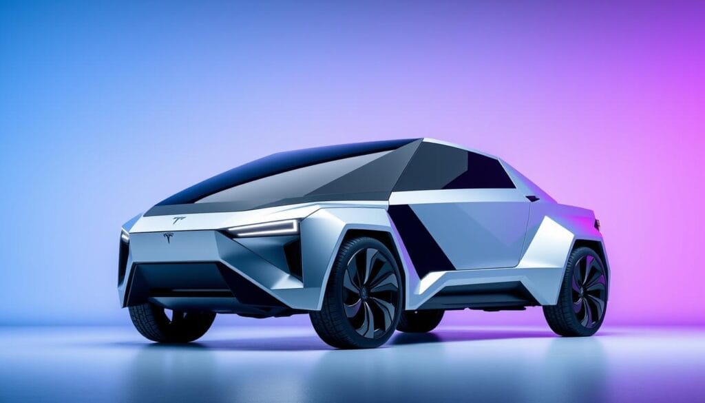 An angular, futuristic Tesla Cybertruck stands prominently in a sleek, minimalist studio. Crisp, directional lighting accentuates its distinctive geometric panels and sharp, stainless steel edges. In the background, a seamless gradient backdrop in shades of blue and purple evokes a sense of advanced technology. The Cybertruck's prominent position and the clean, sophisticated setting suggest forthcoming innovations and range improvements to this cutting-edge electric vehicle. An air of anticipation and progress permeates the scene, hinting at the Cybertruck's continued evolution and its role in shaping the future of sustainable transportation.