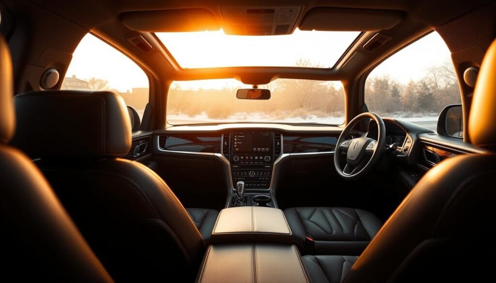 An elegant and spacious Lincoln Navigator Black Label interior, bathed in warm, natural lighting that filters through the panoramic sunroof. The sumptuous leather seating, meticulously stitched in a premium quilted pattern, invites you to sink into its comfort. Lustrous wood accents and chrome trim elegantly complement the sophisticated color palette, creating an atmosphere of refined luxury. The dashboard displays a sleek, minimalist design, accentuated by a large, high-resolution touchscreen display. Ambient lighting subtly illuminates the cabin, setting a serene and inviting mood. The attention to detail and use of premium materials exude a sense of timeless craftsmanship, perfectly suited for the discerning driver.
