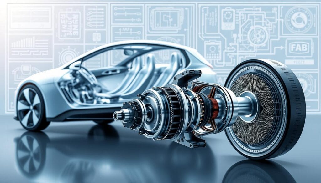 An intricately detailed illustration of an electric vehicle hub motor, showcasing its inner workings and advanced technology. The foreground features a cross-section view, revealing the intricate assembly of the motor, including the rotor, stator, and electromagnetic coils. The middle ground displays a sleek, futuristic electric vehicle chassis, highlighting the integration of the hub motor system. The background depicts a technical blueprint-style rendering, providing additional schematics and engineering diagrams to convey the complex engineering behind this innovative technology. The lighting is crisp and bright, accentuating the mechanical precision and technical sophistication of the hub motor design. The overall atmosphere is one of futuristic innovation, emphasizing the advancements in electric vehicle propulsion systems.