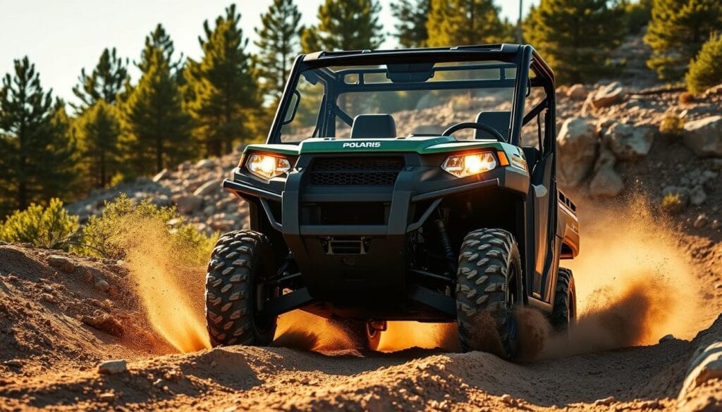 An off-road Polaris Ranger 570 Trail Performance vehicle traversing a rugged, uneven terrain. The vehicle is captured in dynamic motion, kicking up dirt and gravel as it navigates through the obstacles. The foreground is focused on the powerful front end, with the iconic Polaris grille and headlights illuminating the path ahead. The middle ground showcases the vehicle's sturdy chassis and knobby tires, designed for maximum traction and control. The background features a lush, natural environment, with towering pine trees and a rocky, uneven landscape, conveying a sense of adventure and exploration. Warm, directional lighting casts dramatic shadows, emphasizing the vehicle's robust and capable design. The overall scene captures the Ranger 570's exceptional trail performance and off-road prowess.