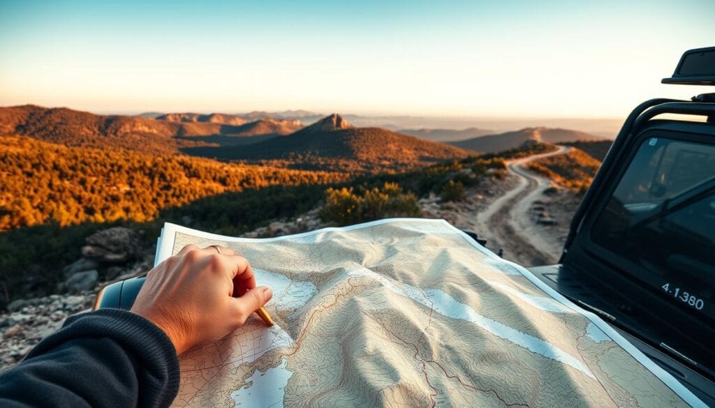 An off-road expedition through rugged terrain, a topographic map unfurled on the hood of a sturdy 4x4 vehicle. In the foreground, a weathered hand traces the contours, planning the route ahead. Surrounding the vehicle, a panoramic vista of undulating hills, dense forests, and rocky outcroppings bathed in warm, golden sunlight. In the distance, a winding dirt trail disappears into the horizon, beckoning the adventurer. The scene conveys a sense of adventure, careful planning, and a deep connection with the natural world.