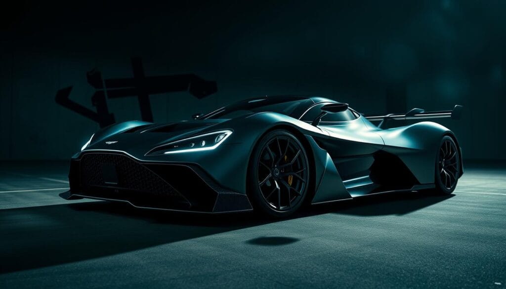 Aston Martin Valkyrie hypercar, limited production variants in a sleek, aerodynamic design. A mid-engine, hybrid-electric powertrain with a Formula 1-derived V12 engine, showcased against a moody, dramatic backdrop. Dramatic lighting highlights the angular bodywork, active aero features, and intricate details. The scene is captured from a dynamic, low-angle perspective, emphasizing the Valkyrie's powerful, imposing presence. The image conveys the exclusivity and advanced technology of these highly-coveted, track-focused hypercars from the renowned British marque.