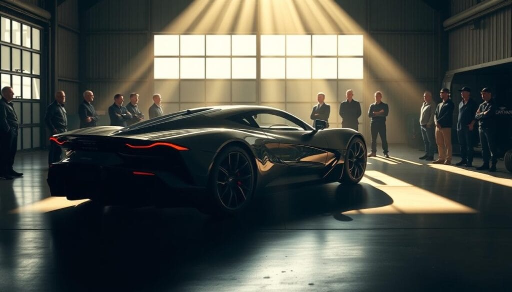 Aston Martin Valkyrie parked in a private hangar, its sleek, aerodynamic frame illuminated by dramatic chiaroscuro lighting. The mid-engine hypercar commands the attention of a small group of exclusive owners, admiring the vehicle's cutting-edge design and engineering. Sunlight streams in through large windows, casting long shadows and highlighting the Valkyrie's muscular contours. The atmosphere is one of reverence and privilege, as if the owners are privy to a rare, otherworldly experience. The image conveys the Valkyrie's status as the ultimate expression of Aston Martin's engineering prowess and the privileged, bespoke nature of its ownership.