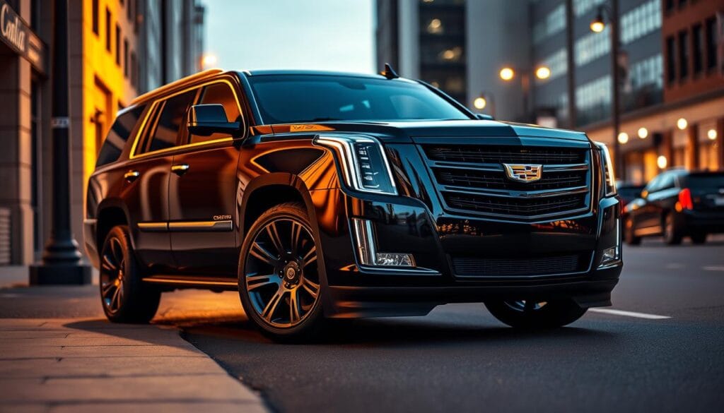 Cadillac Escalade V-Series parked on a sleek, urban street, highlighted by warm evening light. The muscular, chiseled body in a deep shade of black gleams under the streetlamps, conveying an aura of raw power and performance. The front grille, adorned with bold V-Series branding, projects an imposing presence. The low, wide stance and large alloy wheels suggest exceptional handling capabilities. In the background, a blurred cityscape creates a dynamic, high-energy setting, hinting at the Escalade V-Series' ability to seamlessly blend luxury and athleticism.