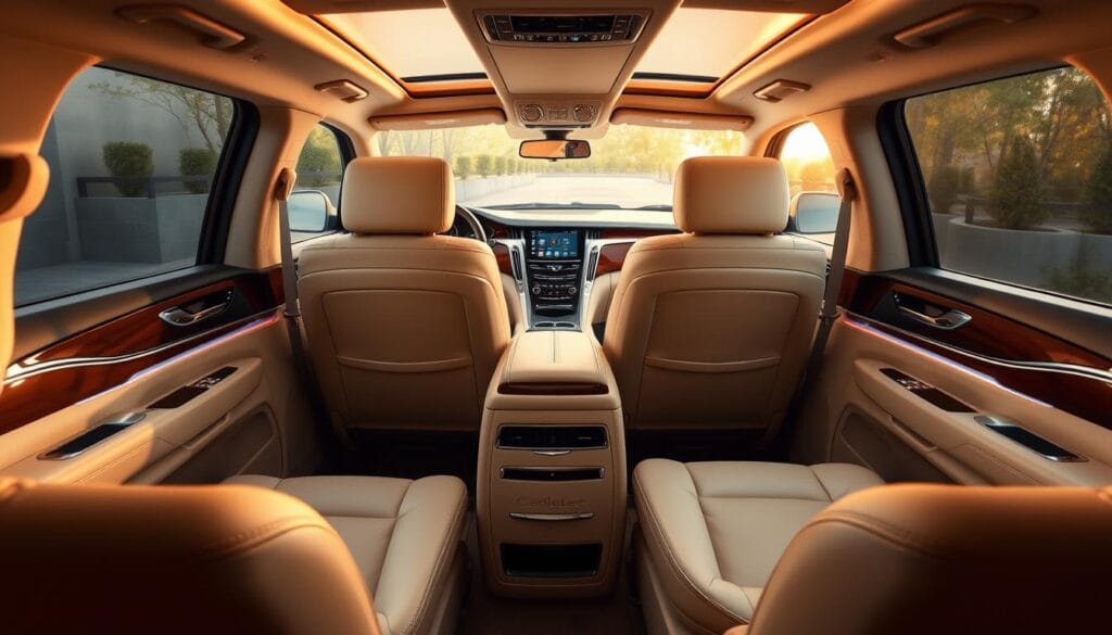 Cadillac Escalade interior, luxurious and refined. Supple cream leather upholstery, hand-stitched premium details. Warm ambient lighting accentuates the sleek, modern dashboard design with seamless integration of state-of-the-art infotainment. Polished wood trim and chrome accents create an elegant, high-end ambiance. The spacious front seats provide exceptional comfort and support, while the expansive rear seating offers ample legroom and plush accommodations. Precisely engineered to deliver a peerless driving experience, with meticulous attention to craftsmanship throughout the luxurious cabin.