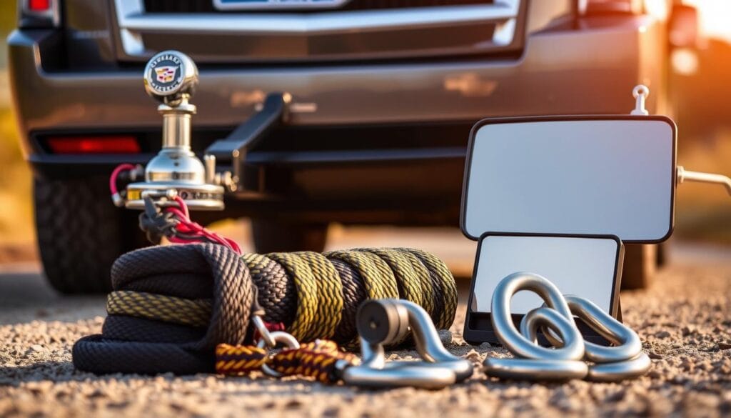 Cadillac Escalade towing accessories, a high-quality chrome tow hitch mounted on the rear bumper, with a heavy-duty trailer ball and a wiring harness for connecting lights. In the foreground, a sturdy tow strap and a set of recovery shackles lie ready for off-road adventures. The middle ground showcases a towing mirror set, providing enhanced visibility while hauling a trailer. In the background, the luxurious Escalade stands tall, its bold grille and sleek lines complementing the towing gear. The scene is illuminated by warm, natural lighting, creating a sense of rugged capability and premium refinement.