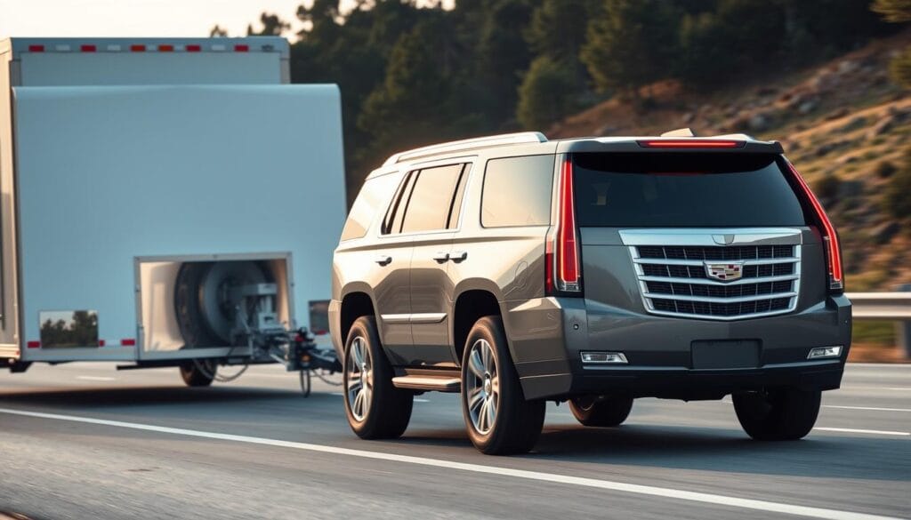 Detailed Cadillac Escalade towing safety guidelines, shot in a realistic documentary style. Foreground shows an Escalade SUV securely hitched to a trailer, with safety chains and proper lighting setup. Middle ground depicts a step-by-step visual guide on correct towing procedures, equipment, and safety checks. Background features a serene highway landscape, with soft natural lighting illuminating the scene. Crisp, high-resolution imagery conveys a sense of authority and professionalism, suitable for an informative article on Escalade towing best practices.