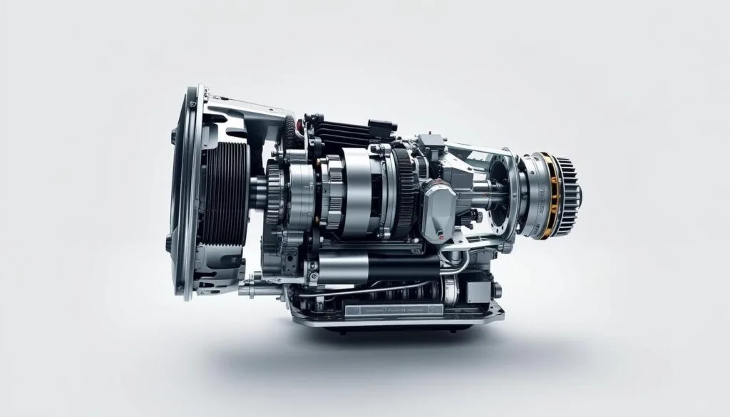 Detailed cutaway view of the 2025 Cadillac Escalade V's advanced transmission system, captured with crisp, high-resolution photography. Showcase the intricate inner workings of the robust 10-speed automatic transmission, including the gears, clutches, and torque converter, all rendered with meticulous precision and technical accuracy. Set against a clean, neutral background that emphasizes the engineering excellence, with subtle ambient lighting that accentuates the contours and textures of the components. Convey a sense of sophistication and performance befitting the Escalade V's powerful drivetrain. Detailed cutaway view of the 2025 Cadillac Escalade V's advanced transmission system, captured with crisp, high-resolution photography. Showcase the intricate inner workings of the robust 10-speed automatic transmission, including the gears, clutches, and torque converter, all rendered with meticulous precision and technical accuracy. Set against a clean, neutral background that emphasizes the engineering excellence, with subtle ambient lighting that accentuates the contours and textures of the components. Convey a sense of sophistication and performance befitting the Escalade V's powerful drivetrain.
