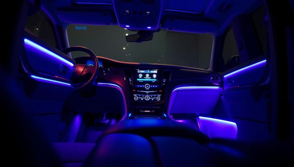 Detailed interior of a luxurious Cadillac Escalade, showcasing the ambient lighting system. The cabin is bathed in a warm, soft glow from the precisely engineered lighting elements integrated throughout the dashboard, door panels, and footwells. Subtle blue and purple hues create a calming, sophisticated ambiance, accentuating the high-quality materials and premium finishes. The lighting seamlessly blends with the elegant design, providing a welcoming and relaxing driving experience. Capture the scene from a low, slightly angled perspective to highlight the thoughtful attention to detail in the Escalade's interior.