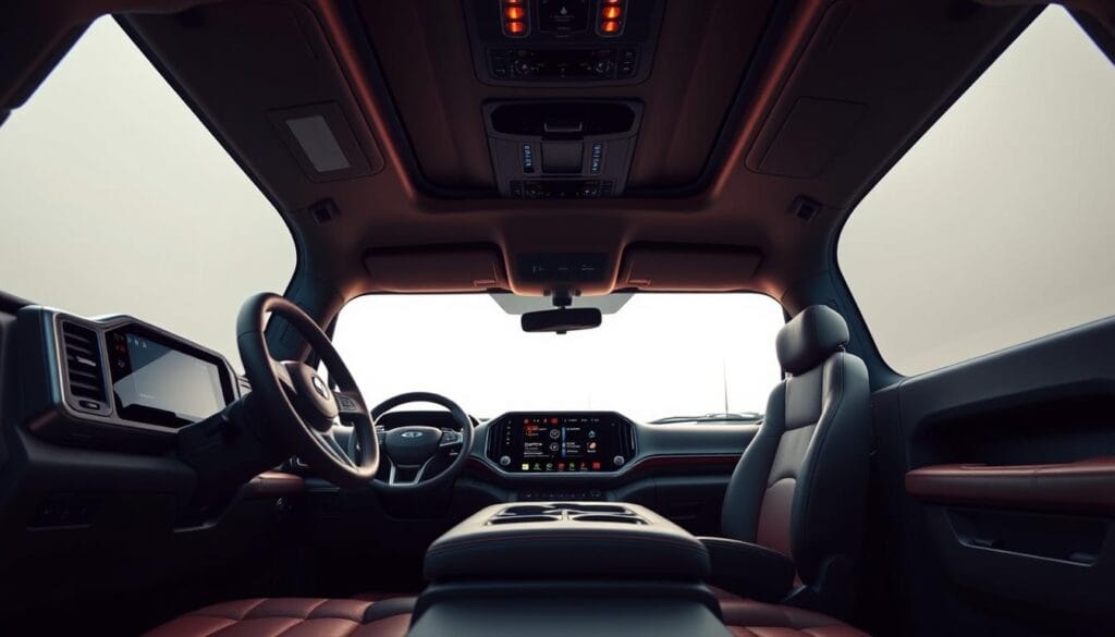 Detailed interior of the Lordstown Endurance electric truck, showcasing its premium design and advanced comfort features. A spacious, well-appointed cabin with a modern, minimalist dashboard, soft-touch materials, and ergonomic seating. Ambient lighting subtly illuminates the cabin, creating a warm and inviting atmosphere. The steering wheel and center console are intuitively laid out, complemented by a large, high-resolution touchscreen display. Luxurious leather upholstery and premium accents lend an air of sophistication. Ample storage compartments and advanced infotainment system seamlessly integrate to provide a comfortable, technology-driven driving experience.